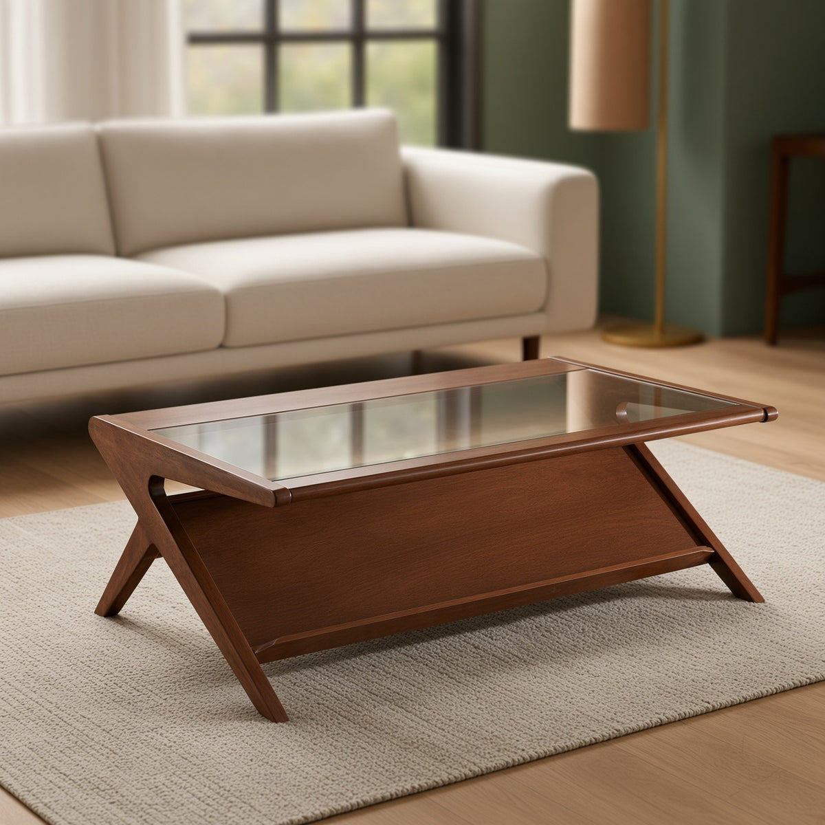 Coffee Table with Tempered Glass Top | Solid Wood Frame, Pecan Finish, Lower Shelf Storage