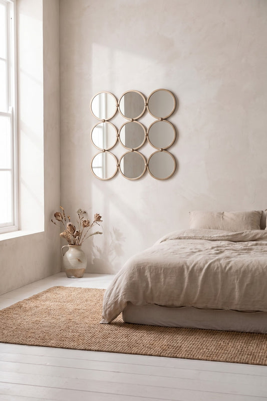 Nine circular mirrors with a metallic finish arranged in three rows on a wall, framed in gold, positioned above a white bed with matching bedding and a beige woven rug on a white floor in a minimalist bedroom.