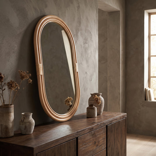 Oval rattan wall mirror with beige finish hung on textured wall, displayed above a wooden dresser with decorative vases and dried flowers.