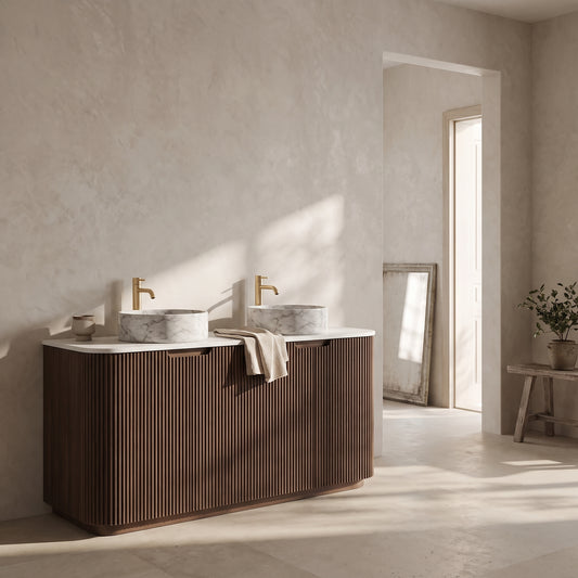 DINA 60" Bathroom Vanity & Sinks - Dark Walnut with grey veined basins in a minimalist bathroom with natural lighting.