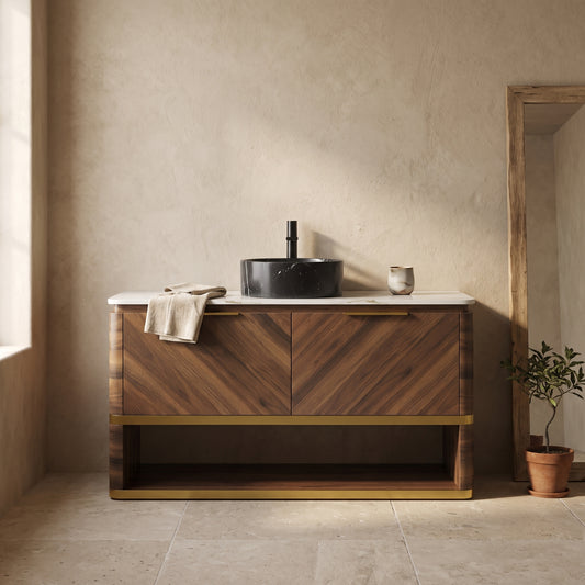 48" bathroom vanity with Calacatta Gold top, dark wood base, brass accents, and black basin in minimal setting