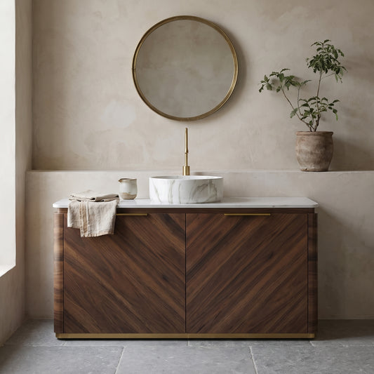 Wooden vanity with marble top and sink, gold accents, dark walnut color, stylish decor with mirror and plant in minimalist setting