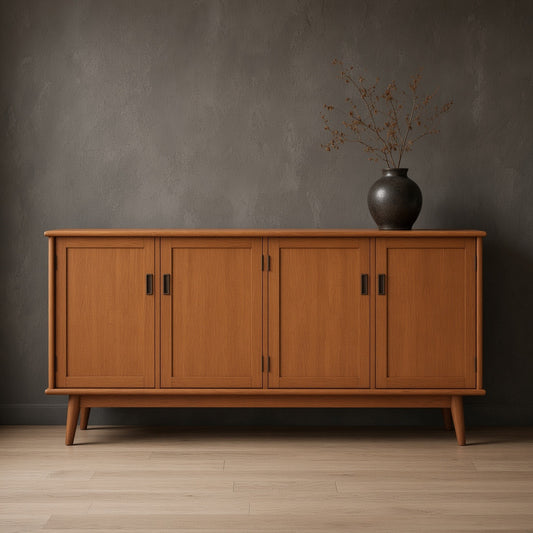 A wooden sideboard with glass vases and branches, mid-century style with four door panels.
