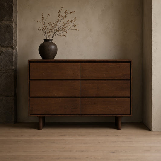 A wooden dresser with 6 drawers, polished finish, and a vase with dried branches on top is displayed against a textured wall.