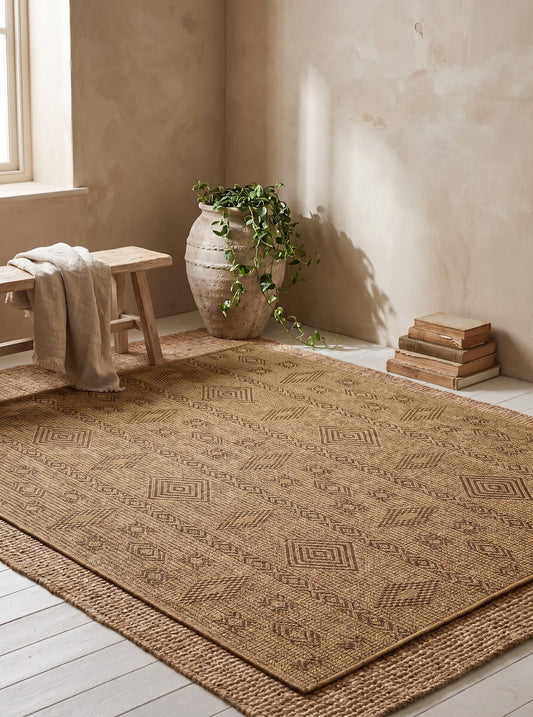 Tan jute area rug with geometric patterns on a light wooden floor, corner window, and small wooden stool draped with cloth.