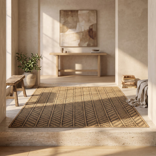 A tan and black woven area rug with geometric patterns on a stone floor, surrounded by a minimalist setting with wooden furniture and houseplants.