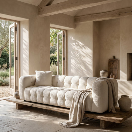 Comfortable cream tufted sofa with wooden base in an open, well-lit room.