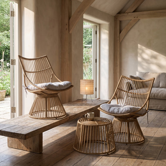 Two bamboo chairs with cushioned seats, a small bamboo side table, and a wooden bench in a room with wooden floors and large windows, overlooking a garden.,
