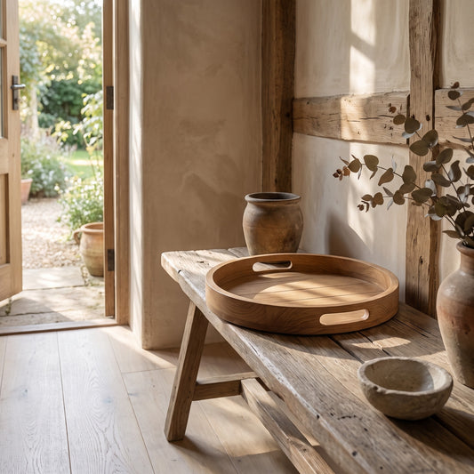 Wooden round tray with handles on a rustic table in a sunlit room, with a potted plant and bowl nearby.