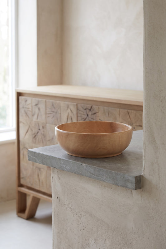 A wooden bowl sitting on a concrete surface, with a textured wall and wooden shelf in the background.