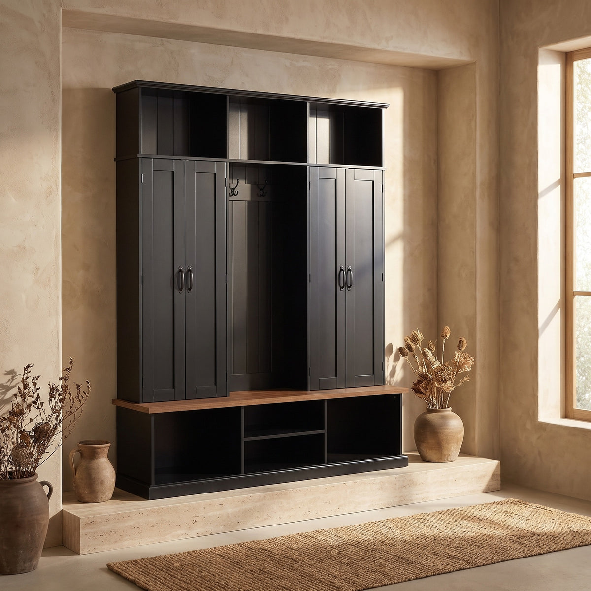 Entryway Hall Tree With Bench, 3 Top Cubbies & Bottom Storage Space