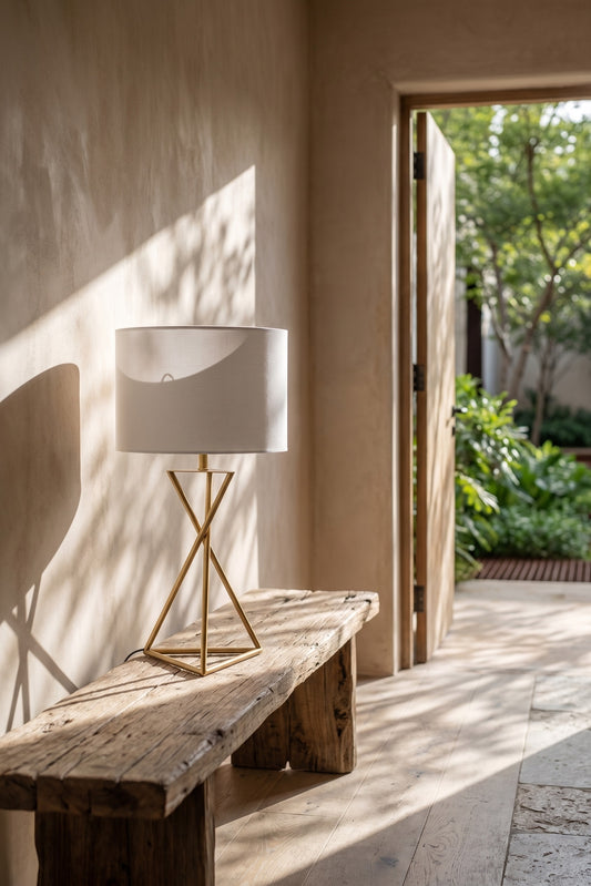 A gold Ester Mid-Century Metal Table Lamp with a white lampshade placed on a rustic wooden bench in a softly lit hall with a view of greenery outside, featuring natural textures and earthy tones.