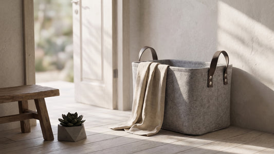 A felt storage basket with leather handles, placed against a wall with a small plant and cloth hanging out.