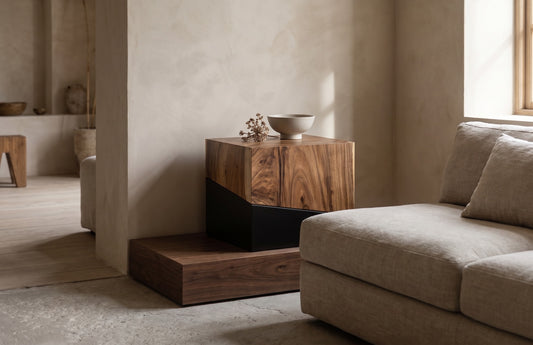 A wooden side table with a black lower section, placed between a beige sofa and a wall in a softly lit room