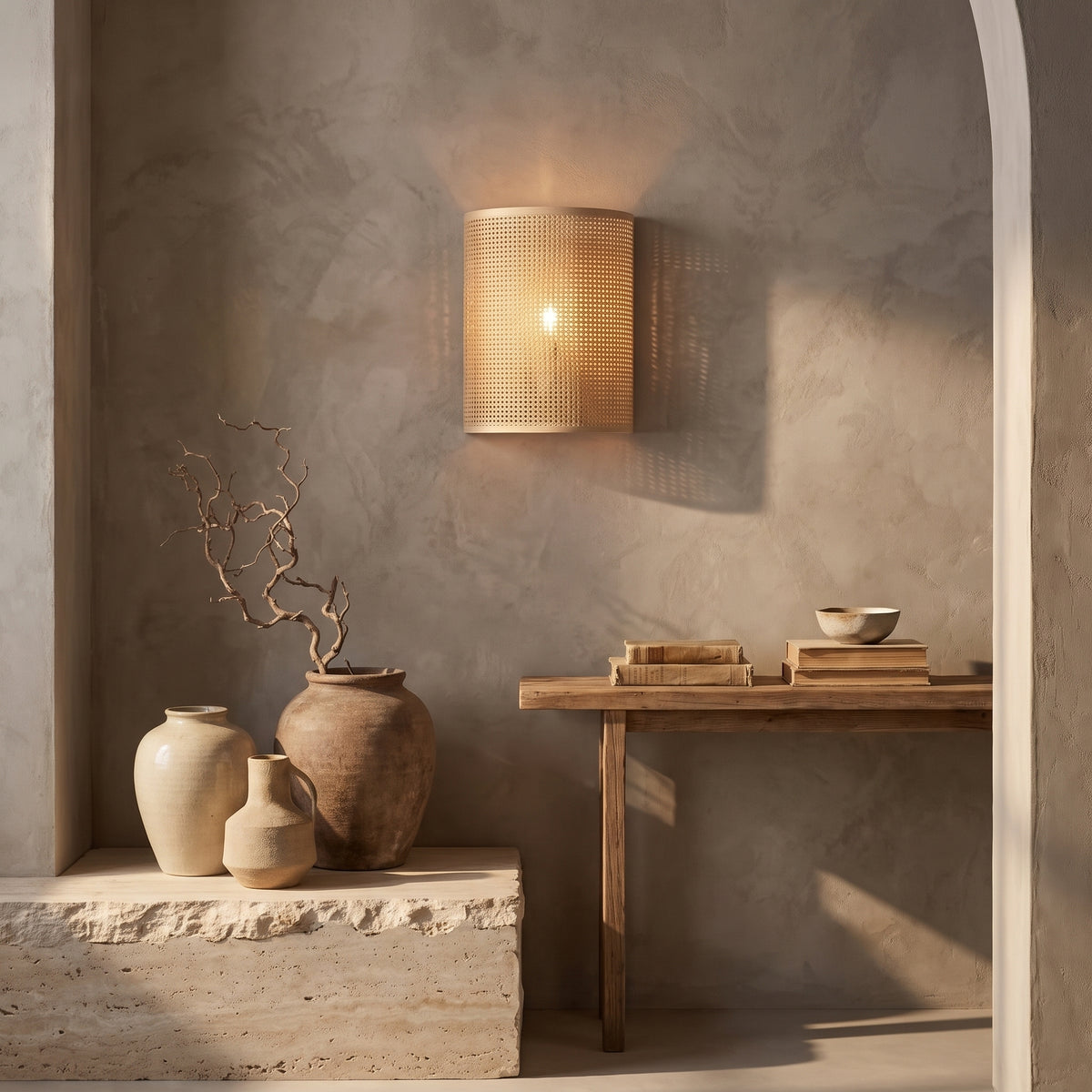 Handcrafted Natural Rattan Half-Circle Wall Sconce | Woven Mesh Wall Light