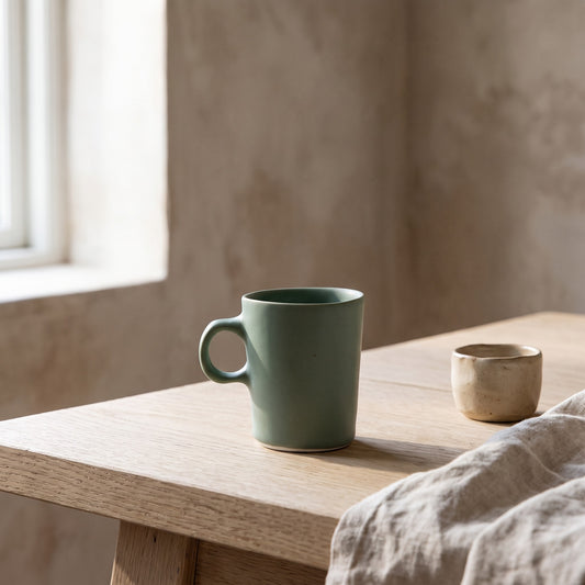 Plain green ceramic double-shot espresso cup on light wooden table near neutral wall setting. No text or watermark.