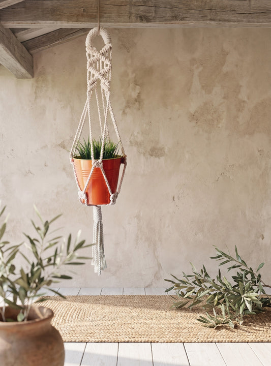 Dual-tier macrame plant hanger with orange plant pots hanging from it, placed against a rustic wall with a string rug and leafy plants on the floor. No text visible.