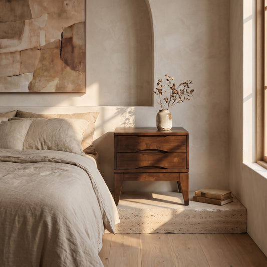 Brown wooden nightstand with drawers, set in a minimalist bedroom with beige walls and abstract art.