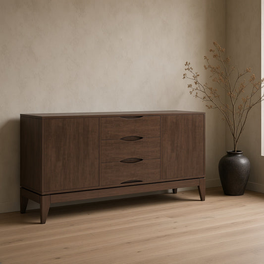 A wooden sideboard buffet with a walnut finish, positioned against a beige wall, accompanied by a vase of dried branches on a wooden floor.