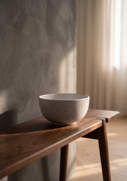 A minimalistic white bowl resting on a wooden table against textured walls and softly lit curtains