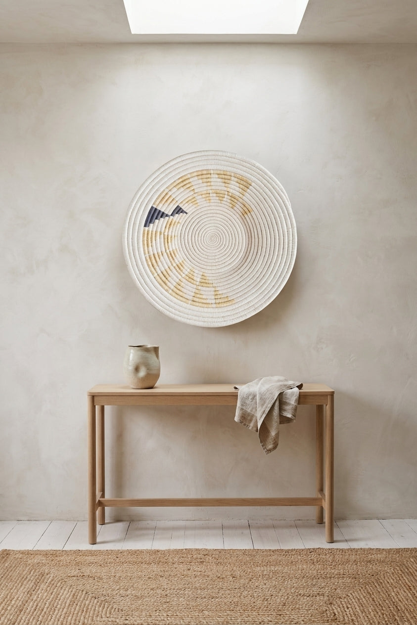 Circular woven basket with beige and black accents hanging on a plain wall above a wooden console table with a small vase and a folded beige cloth