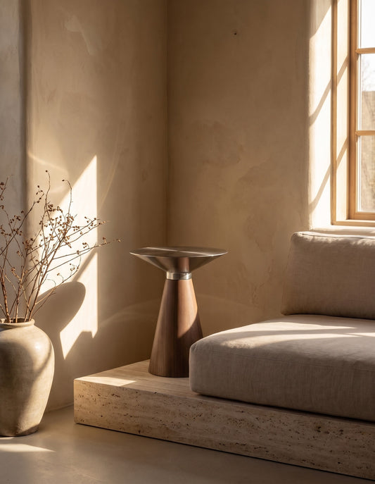 Small stainless steel top table with wooden base on a stone platform, beige furniture, dried plants, natural light