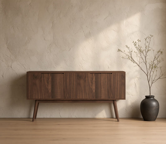 Isabella Mid Century Sideboard - Solid Black American Walnut against textured wall with potted plant