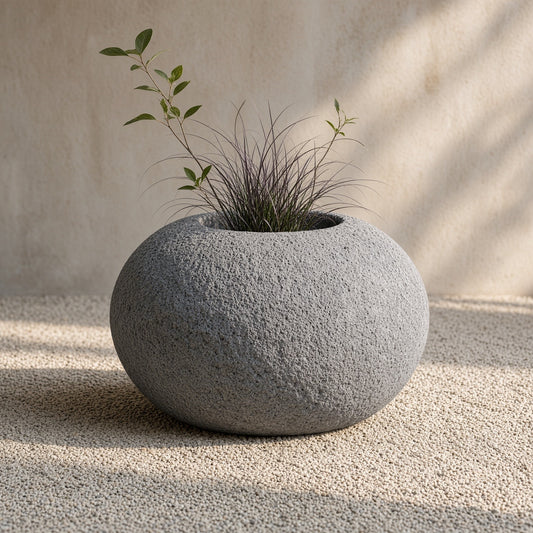 A spherical, textured stone pot with a plant, placed on a sand-colored surface, against a beige wall.