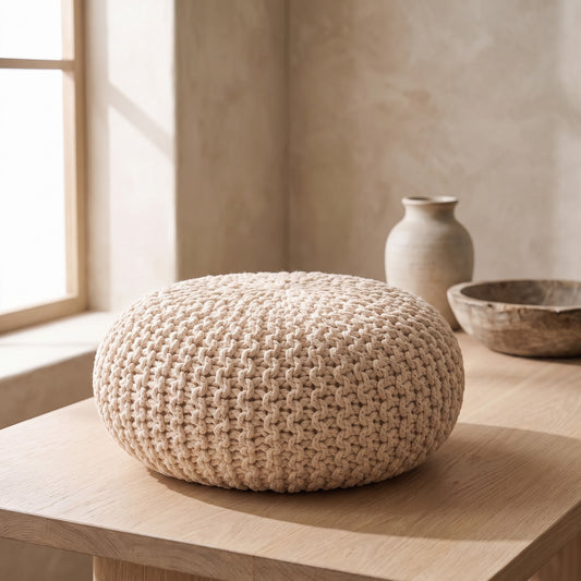A knitted beige pouf stool on a wooden table in a minimalist setting