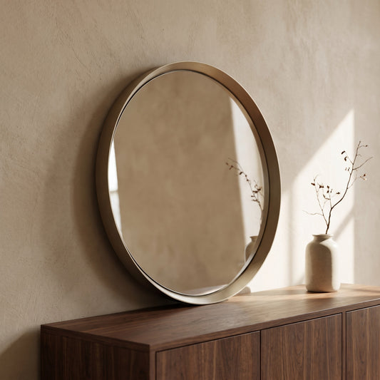 Round mirror with bronze finish, beige vase with branches on wooden shelf