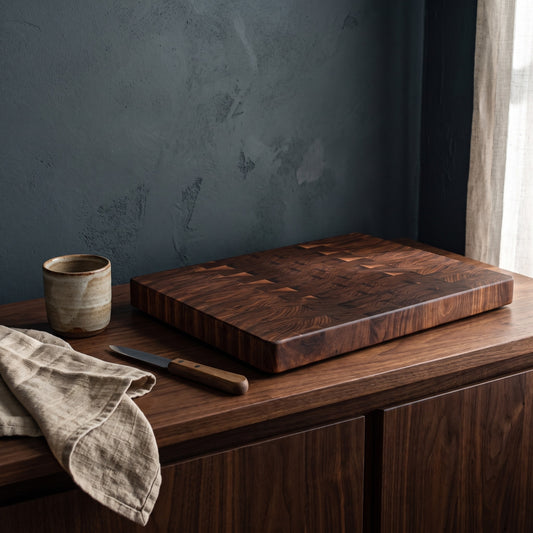 A dark brown end grain walnut cutting board with a knife and a cup beside it on a wooden surface, set against a textured wall.