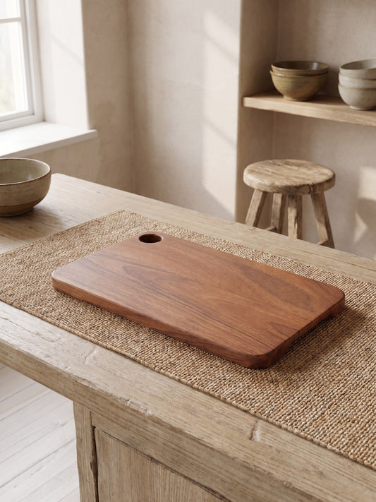 A rectangular wood cutting board with a hole, sitting on a woven mat on a wooden countertop in a minimalistic kitchen setting.