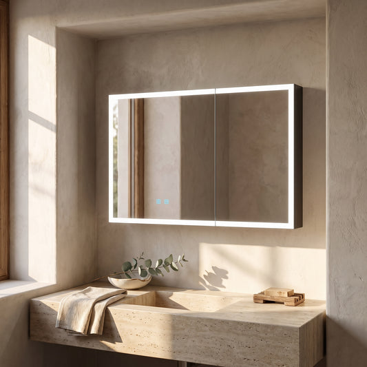 LED bathroom medicine cabinet with single-color lighting, dark wooden frame, light grey cabinet door, mounted above a stone sink, natural light streaming from a window, neutral color palette, wabi sabi style.