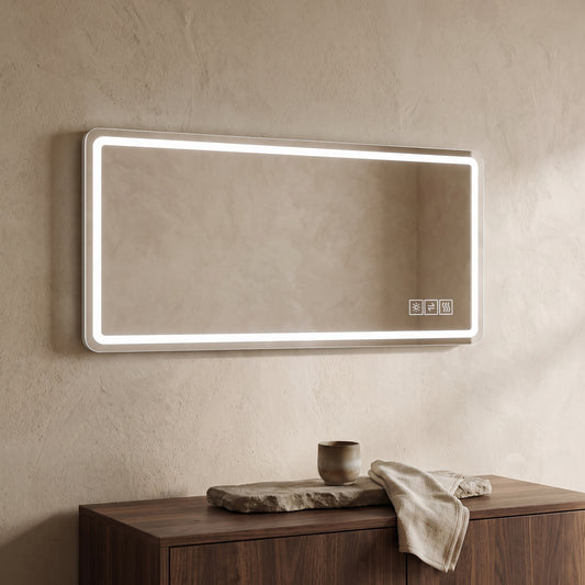 Rectangular LED glowing mirror, wooden cabinet, textured wall, minimalist design.