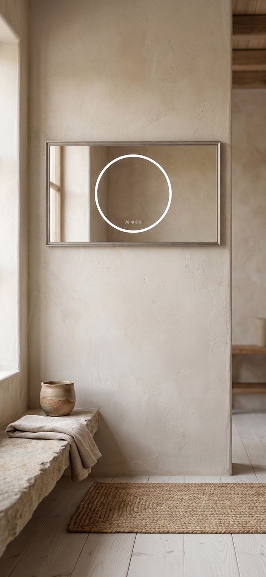 LED vanity mirror with anti-fog and dimmable lights, wall-mounted, antique silver frame.