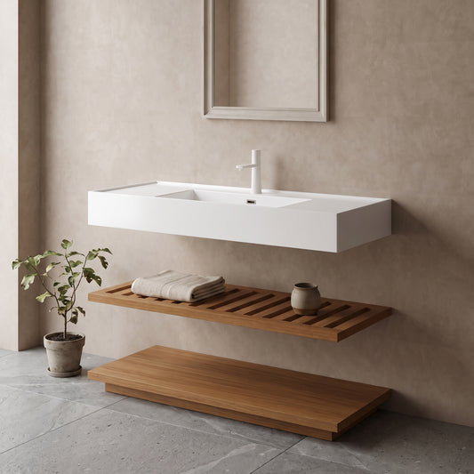 A minimalist bathroom vanity with a white vessel sink mounted on a wall above wooden shelves, set in a neutral-toned tiled room