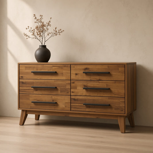 Dark wooden dresser with six drawers, black handles, beige vase with dried flowers, light wood floor, beige wall, soft lighting