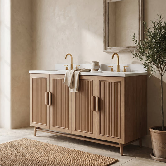 A light coffee freestanding single sink bathroom vanity with bamboo cabinet fronts and gold faucets, set in a simple bathroom with a beige rug and a small potted plant.