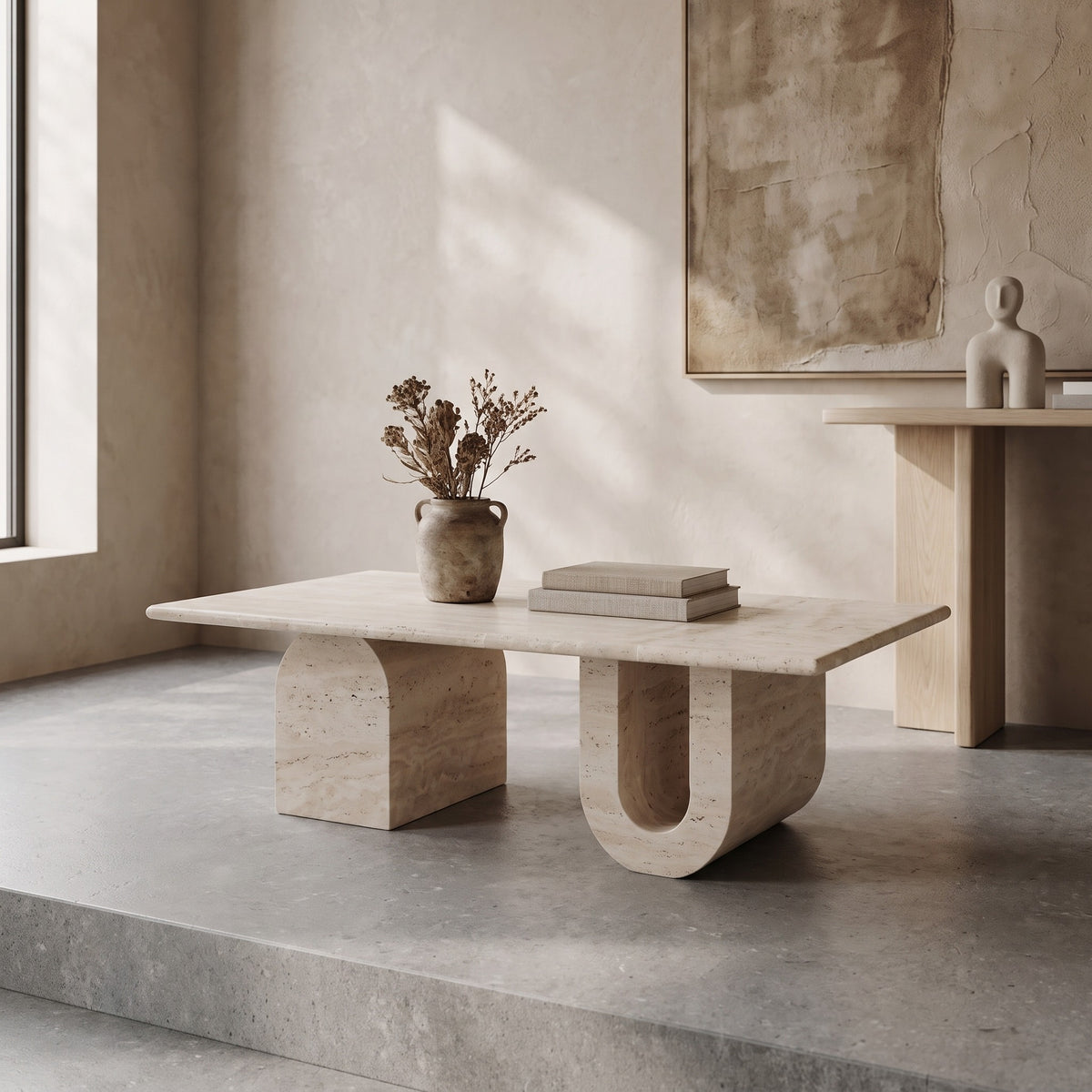 Light Travertine Designer Coffee Table U Shape Legs - 28x48x13