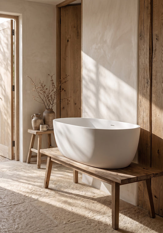 LILYA 47'' freestanding bathtub on wooden bench in minimalist space.