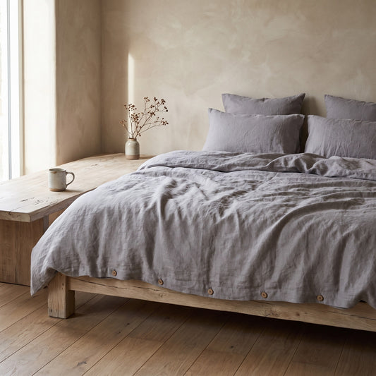 Grey Ash Linen Duvet Cover Set on a wooden platform bed in a minimalist room with a vase of dried flowers and a window, light grey wall, wooden floor