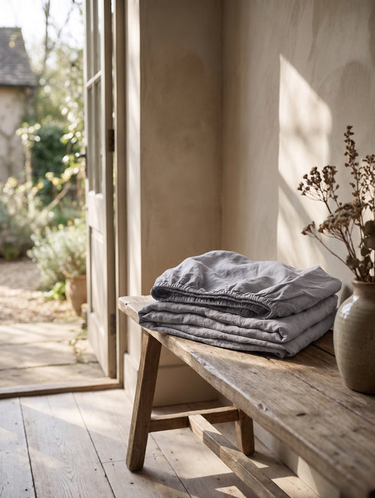 Stacked Ash Linen Fitted Sheets on a rustic wooden bench in a sunlit room with a garden view.
