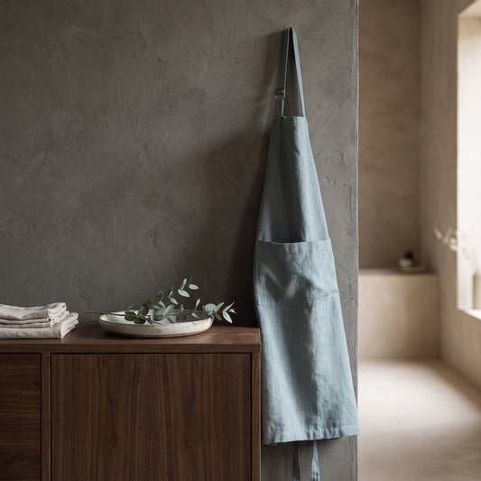 Linen chef apron hanging against a textured wall, next to a wooden cabinet with a decorative dish and folded towels.