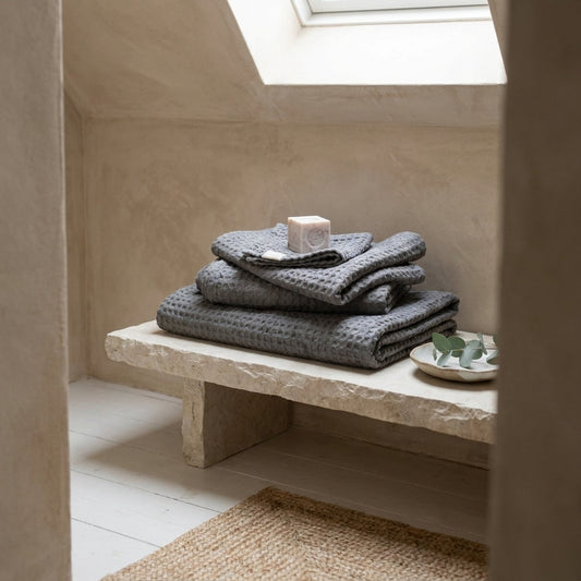 Stacked dark grey towels with honeycomb texture on a stone bench, a soap bar on top. Setting is minimalist with beige walls and a woven mat on the floor.