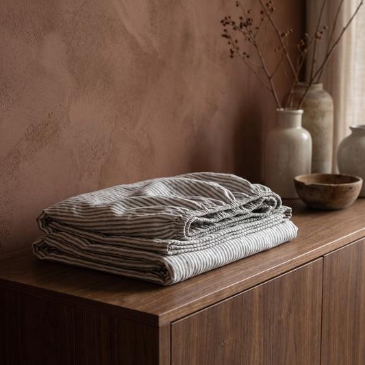 Folded black-and-white striped linen on wooden shelf, next to vases and branches