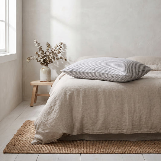 A white linen bedspread and pillow with fine black stripes, white brick wall, jute rug, small table with dried leaves, natural light.