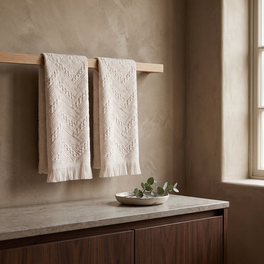 Off-white Turkish cotton hand towels with detailed embroidery hanging on a wooden towel rack in a minimalist bathroom setting.