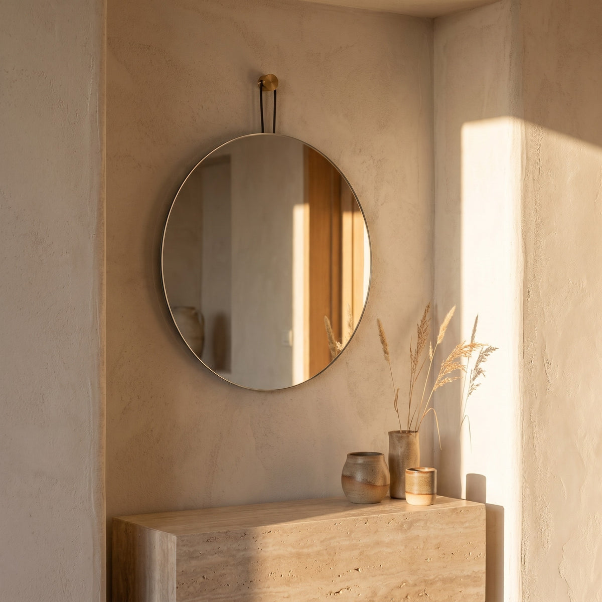 Round mirror mounted on textured wall next to small wooden shelf with rustic bowls and dried grasses, minimalist aesthetic