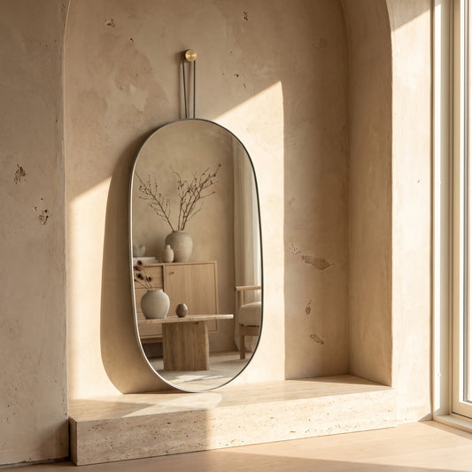 Oval mirror with black border and thin frame hanging on textured beige wall, reflecting room details with natural light streaming in from window.