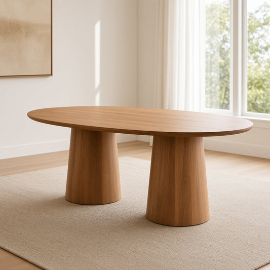 Oval mango wood dining table with cylindrical legs, light brown finish, placed on a matte beige rug in a room with white walls and windows showing greenery.